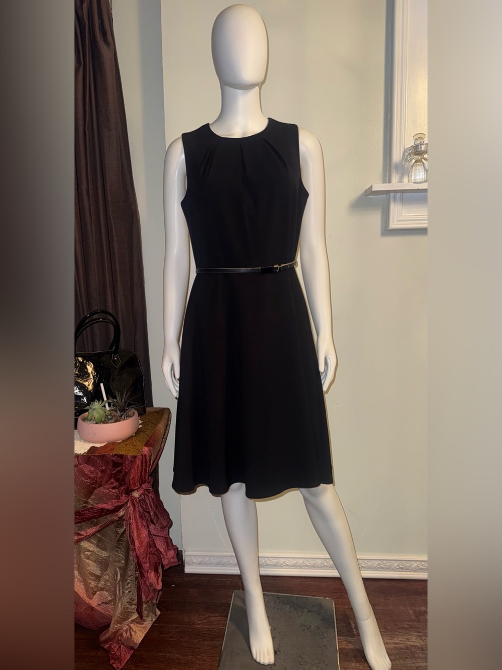 Calvin Klein Black Sleeveless Midi Dress with Slim Waist Belt